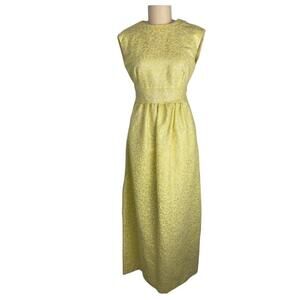 Vintage 1960s Mod Floral Maxi Dress Yellow Silver Metallic Sleeveless MEDIUM